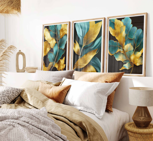 Gold Turquoise Leaves Set of 3 Prints