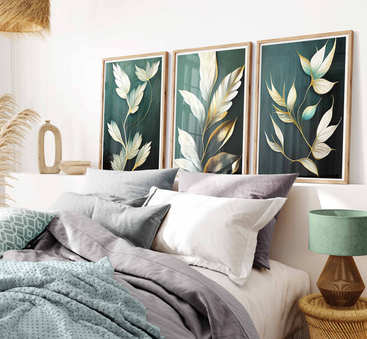 Green Gold Leaves Set of 3 Prints