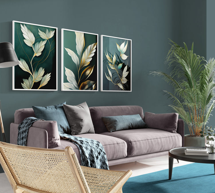 Green Gold Leaves Set of 3 Prints