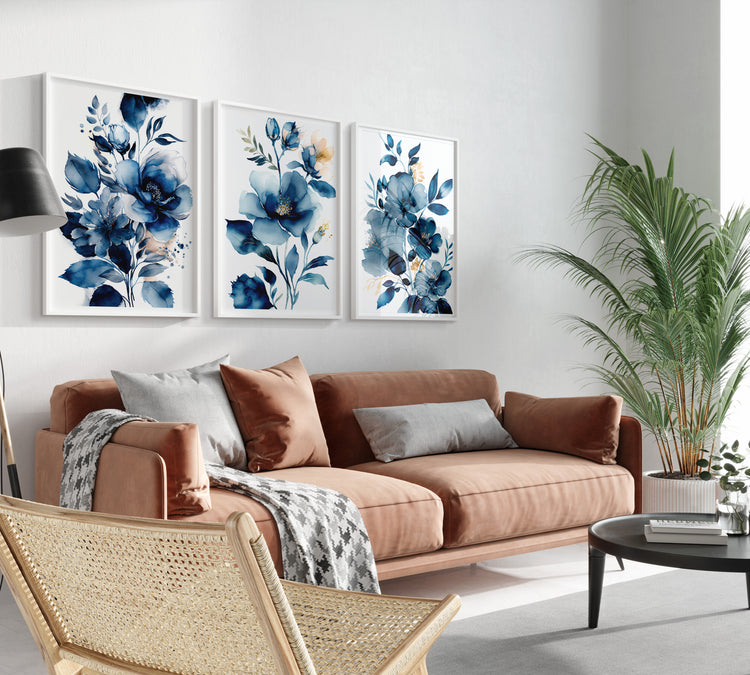 Blue Watercolour Flowers Set of 3 Prints