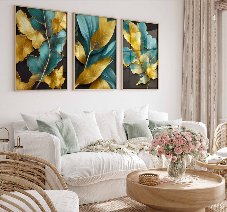 Gold Turquoise Leaves Set of 3 Prints