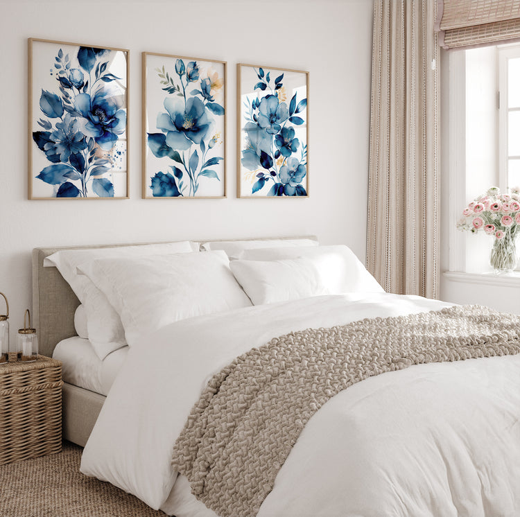 Blue Watercolour Flowers Set of 3 Prints