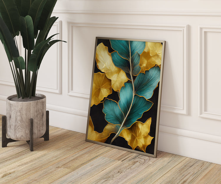 Gold Turquoise Leaves Set of 3 Prints