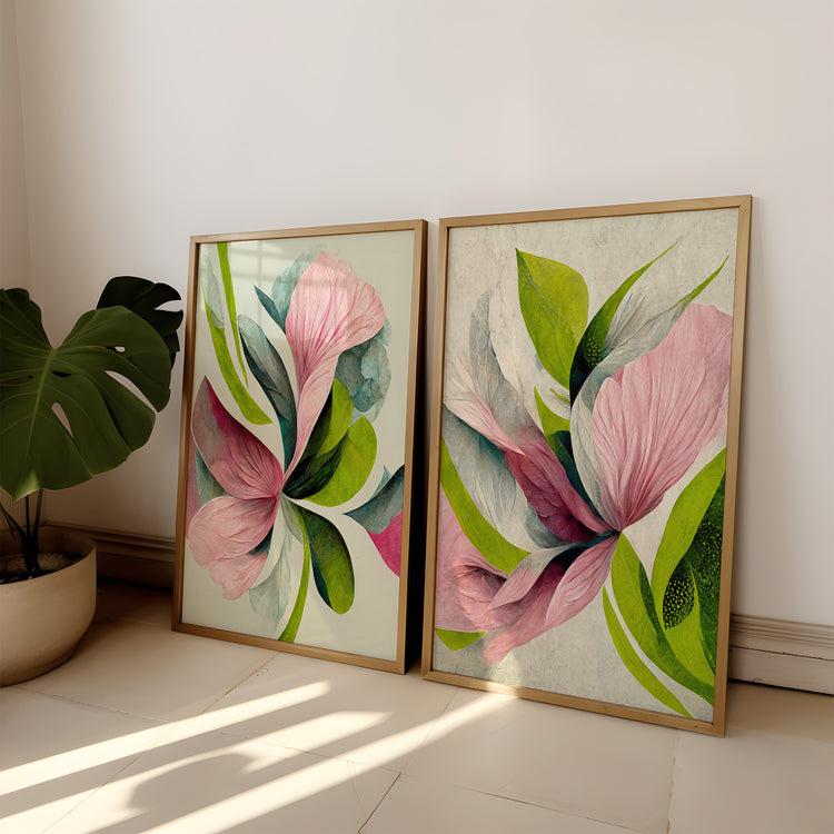 Green and Pink Floral Set of 2 Prints