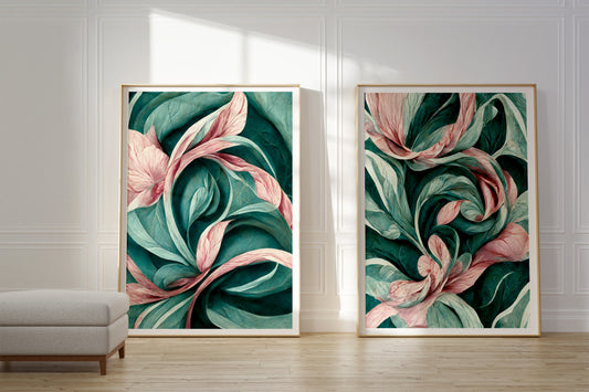 Pink and Green Floral Set of 2 Prints