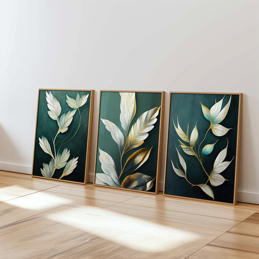 Green Gold Leaves Set of 3 Prints