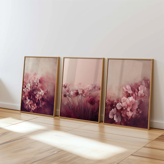 Burgundy Floral Set of 3 Prints