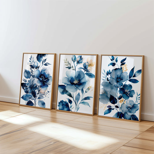Blue Watercolour Flowers Set of 3 Prints