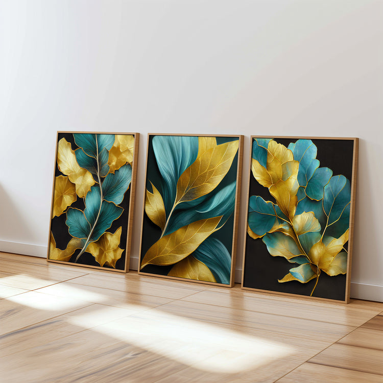 Gold Turquoise Leaves Set of 3 Prints