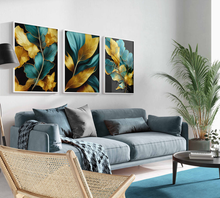 Gold Turquoise Leaves Set of 3 Prints