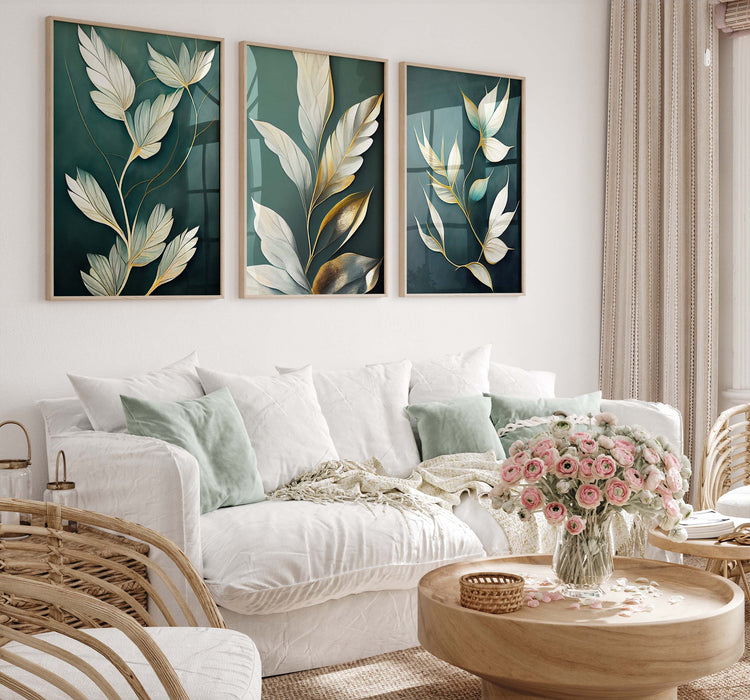 Green Gold Leaves Set of 3 Prints