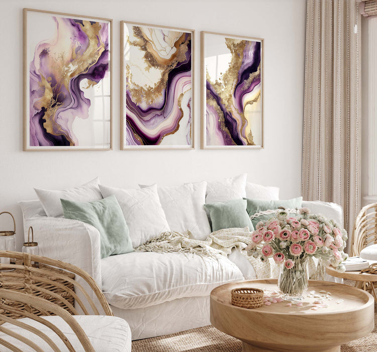 Purple Gold Marble Set of 3 Prints