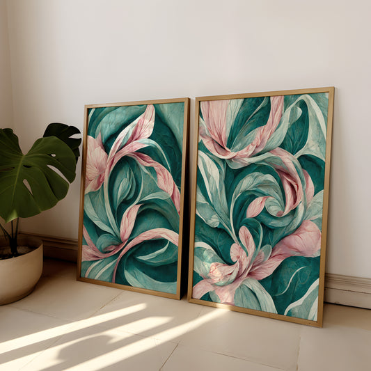 Pink and Green Floral Set of 2 Prints