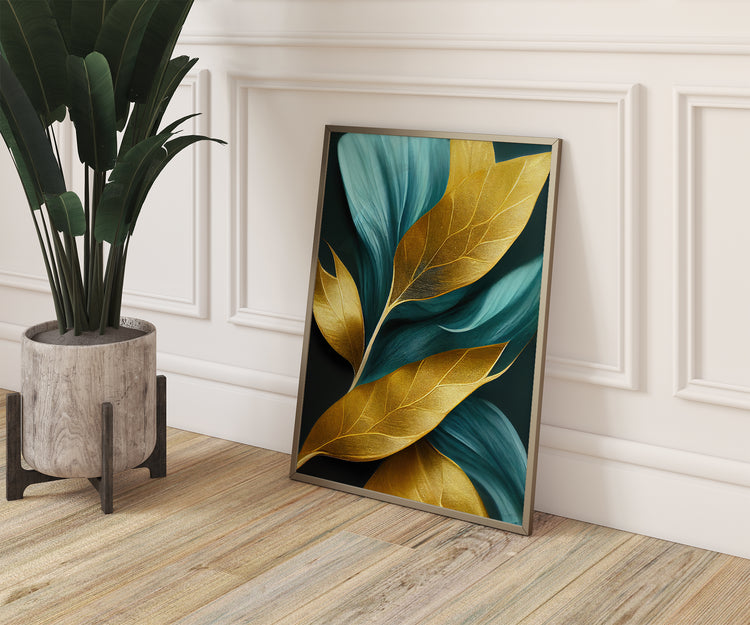 Gold Turquoise Leaves Set of 3 Prints