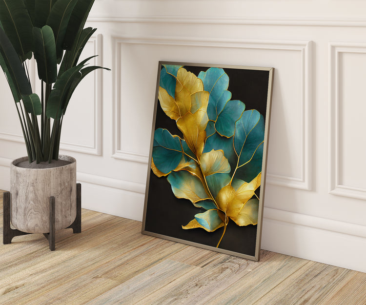 Gold Turquoise Leaves Set of 3 Prints